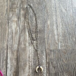 Silver Beaded Crescent Pendant Necklace - Unbranded